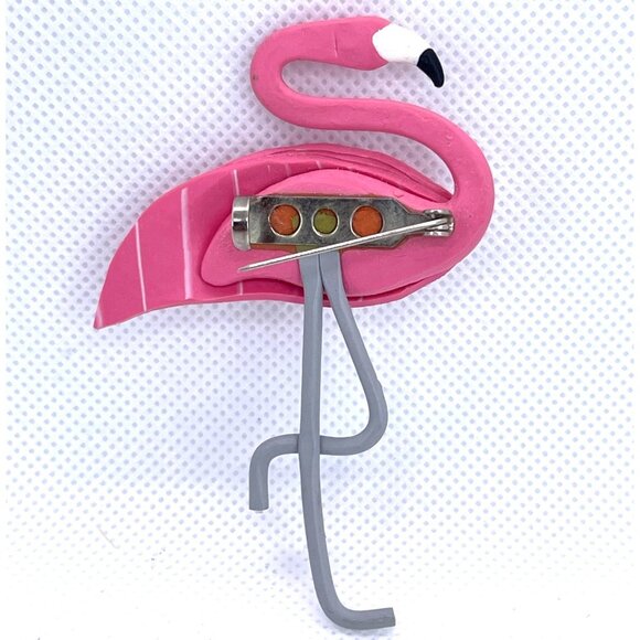 Pink Flamingo Brooch Pin Pierced Dangle Earring Set Handcrafted Lightweight VTG - Picture 4 of 12